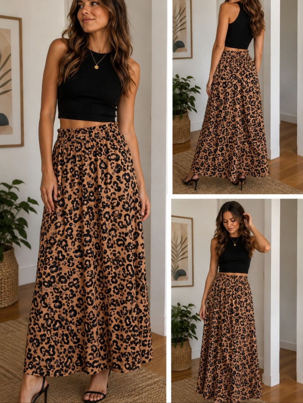 Vero Moda Tan & Black Leopard Print Maxi Skirt